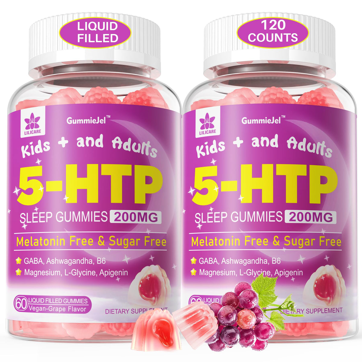 LILICARE 5HTP Gummies bottle front with sugar-free formula for daily calm support.