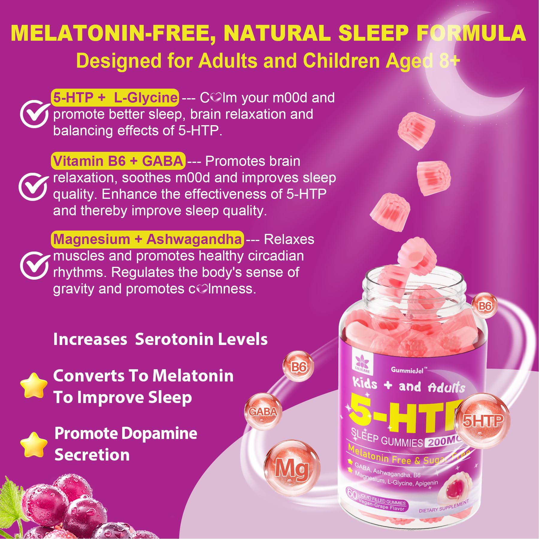 Front packaging of LILICARE 5HTP Gummies showing sugar-free and melatonin-free benefits for adults.