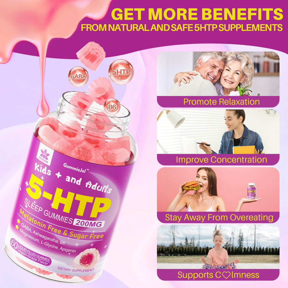 LILICARE 5HTP Gummies being poured into glass to show serving suggestion.