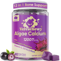 LILICARE Algae Calcium Soft Chews bottle shows 1200 mg calcium per chew.