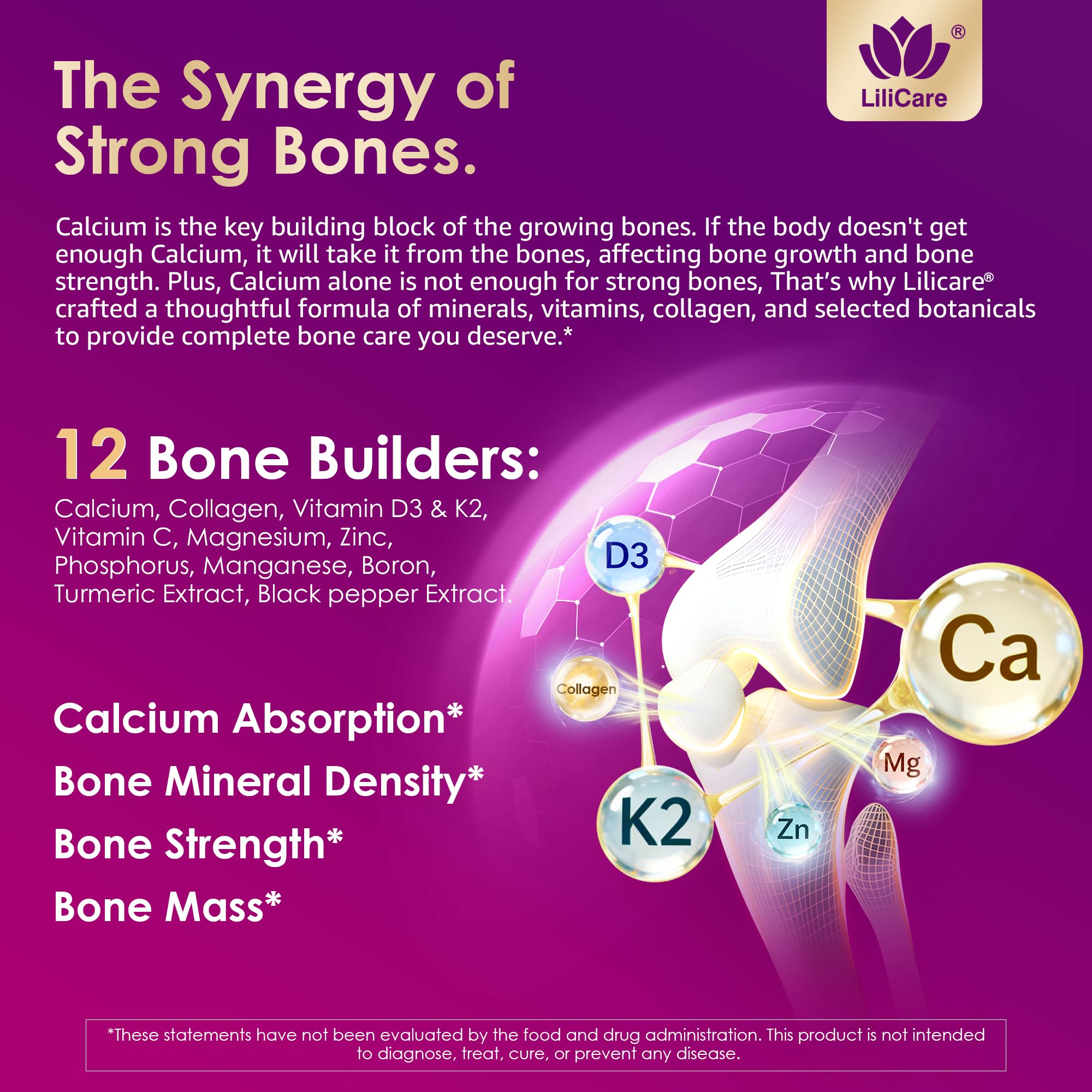 Graphic showing 1200 mg calcium and 1000 mg collagen per serving.