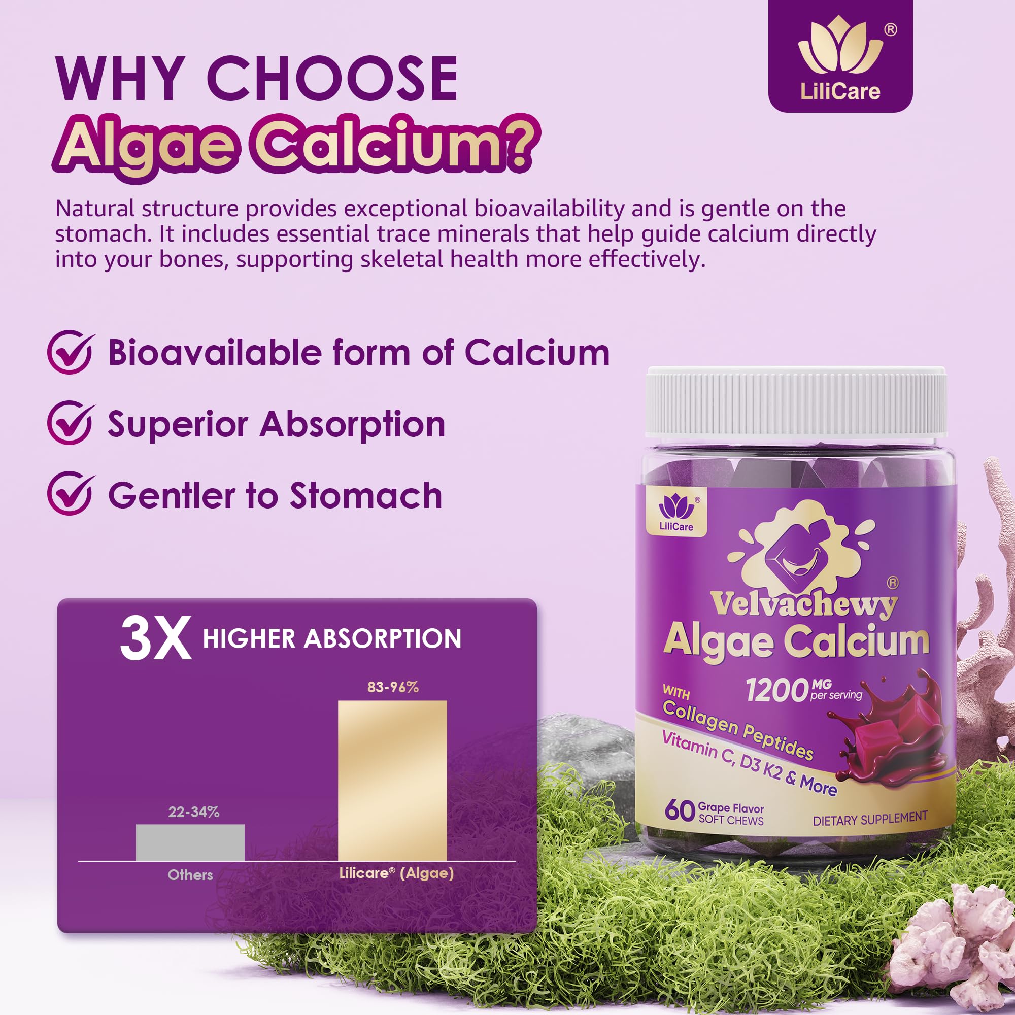 Ingredients panel featuring algae calcium, collagen, D3 and K2.