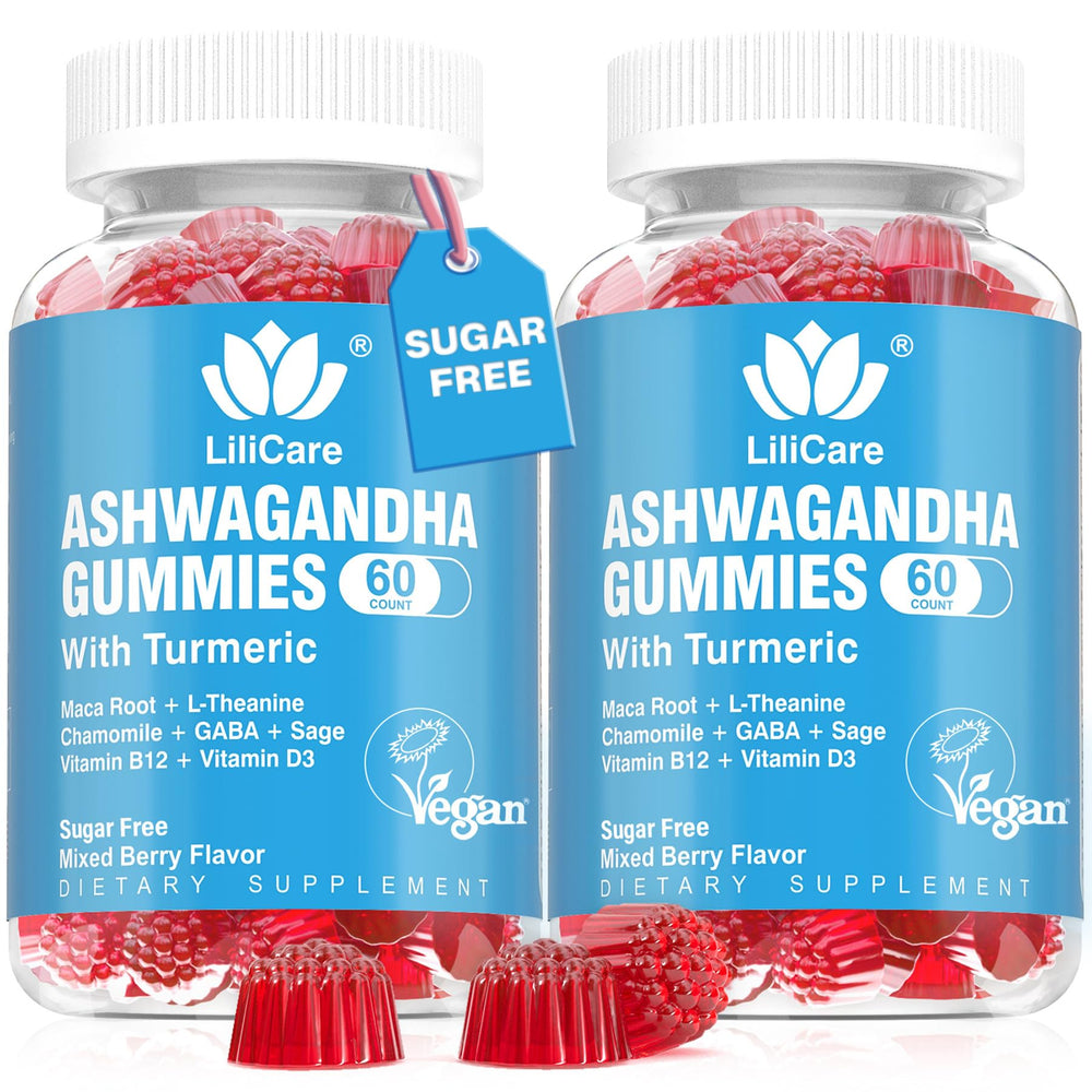 LILICARE Ashwagandha Gummies bottle with berry flavor and vegan formula.