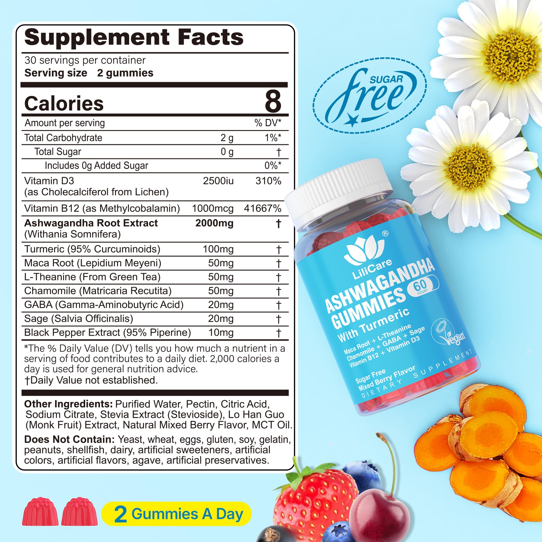 LILICARE Ashwagandha Gummies two gummies serving illustrates daily relaxation routine.