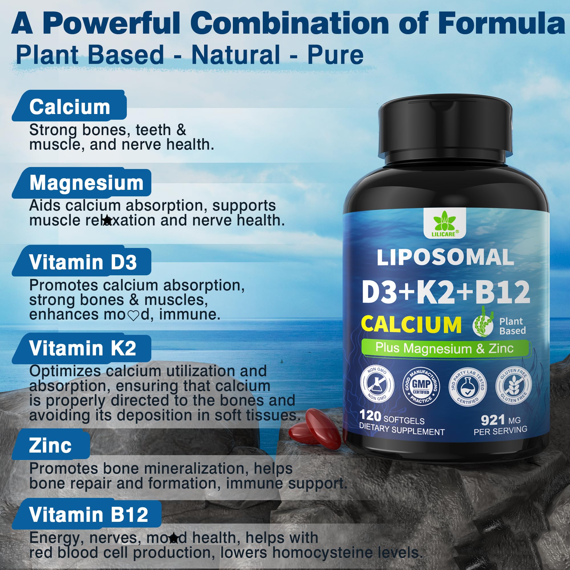 LILICARE nutritional panel image conveys 70+ trace minerals in algae calcium.