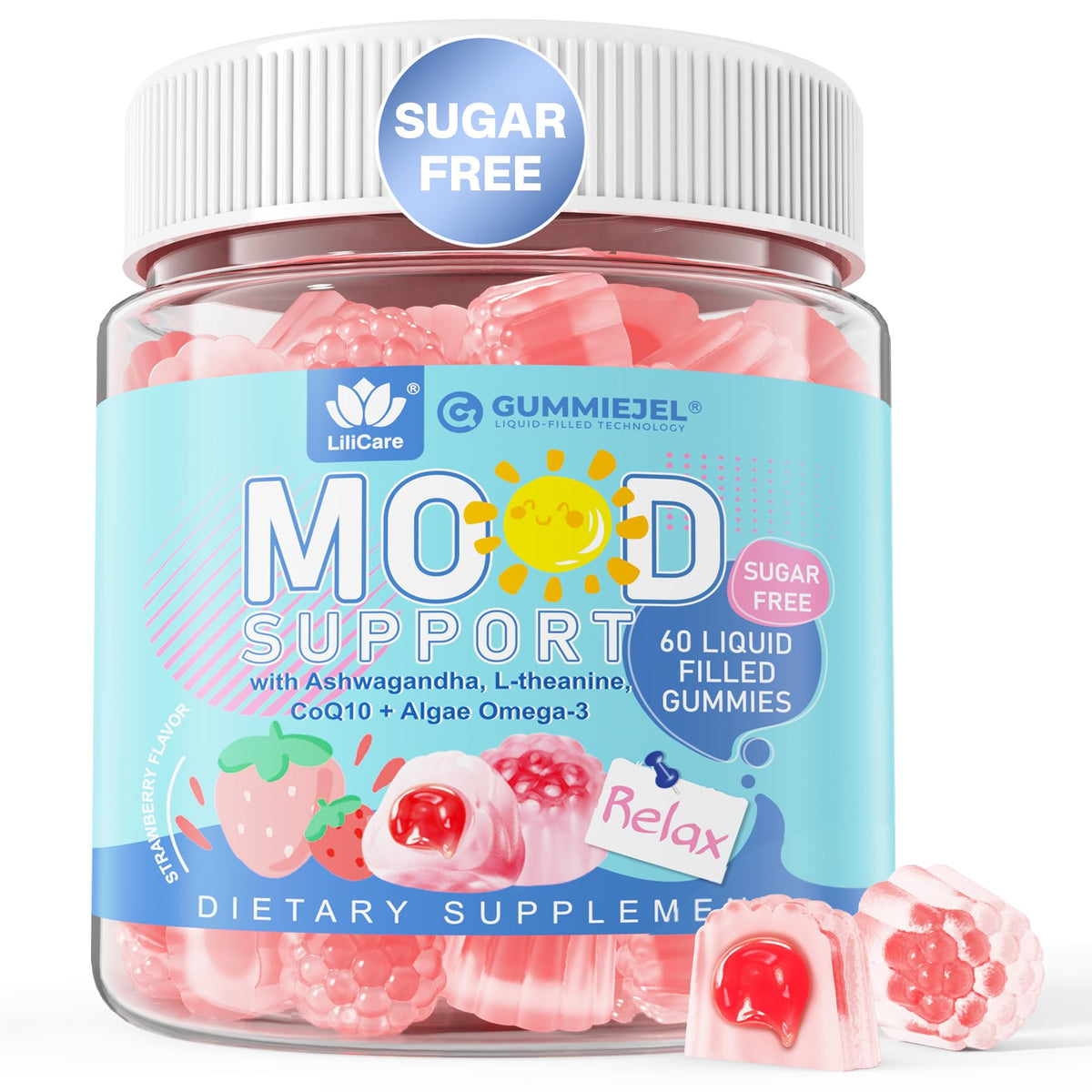 LILICARE Calm Gummies bottle with strawberry flavor for mood support and calm moments.