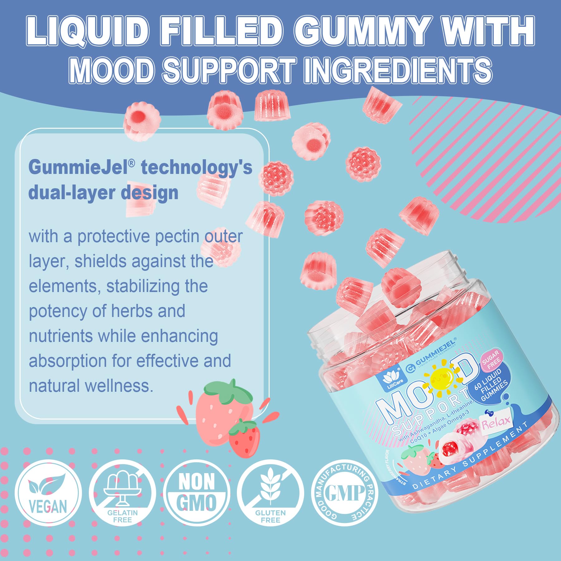 LILICARE Calm Gummies gummiejel closeup emphasizes the blended ingredients.