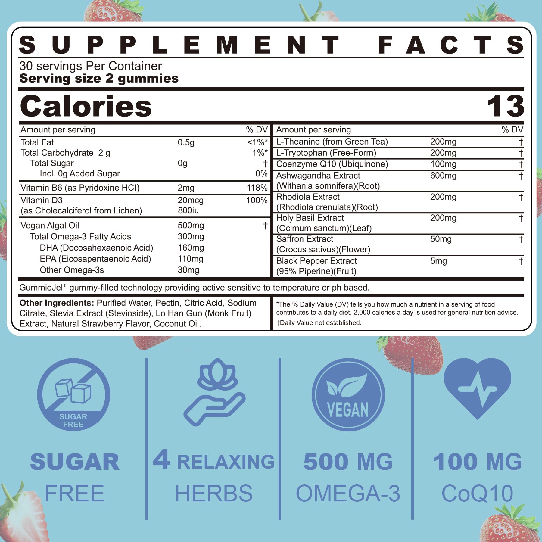 LILICARE Calm Gummies strawberry flavor serving suggests non-drowsy relaxation when needed.