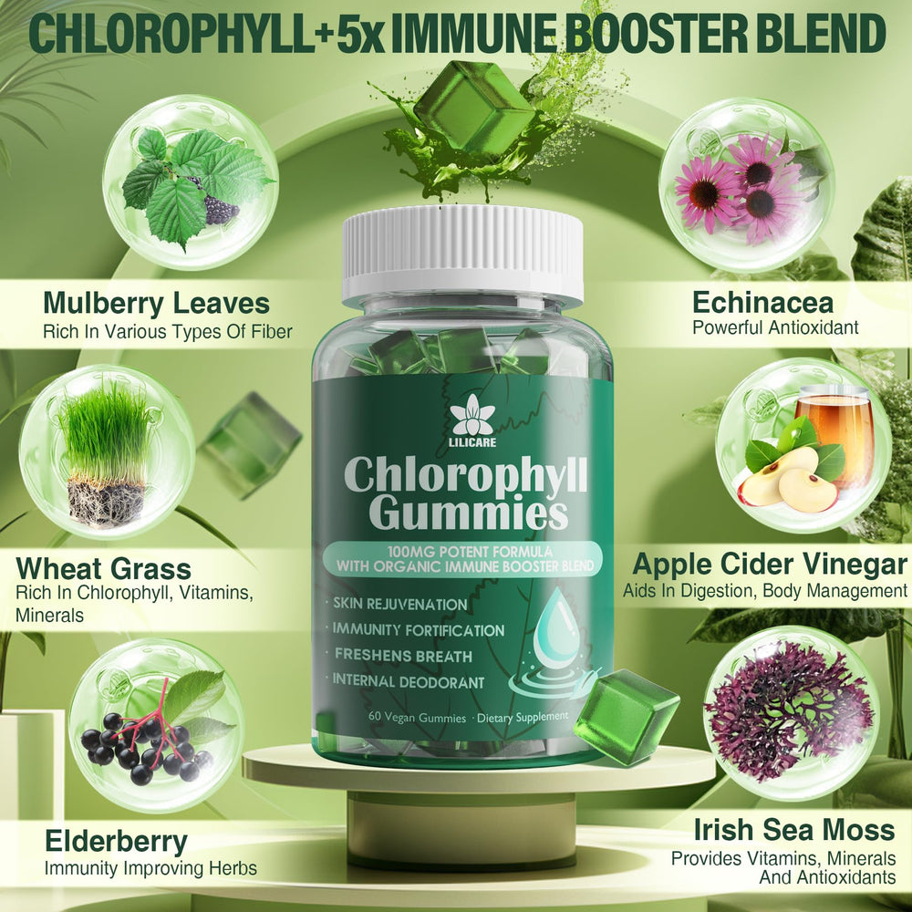 LILICARE Chlorophyll Gummies vegan label visible, emphasizing plant-based ingredients