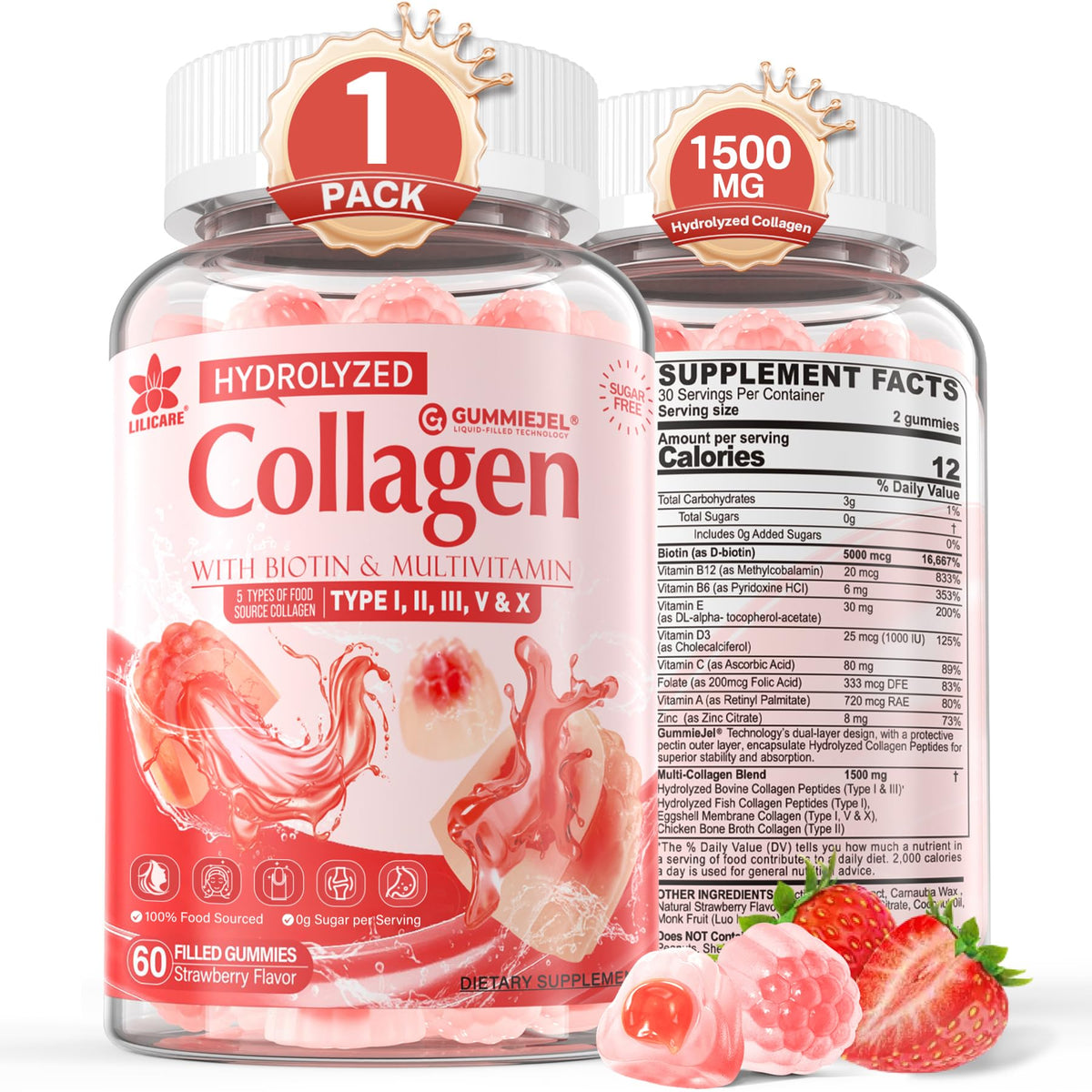 LILICARE Collagen Gummies bottle front, showcasing packaging for daily beauty support.