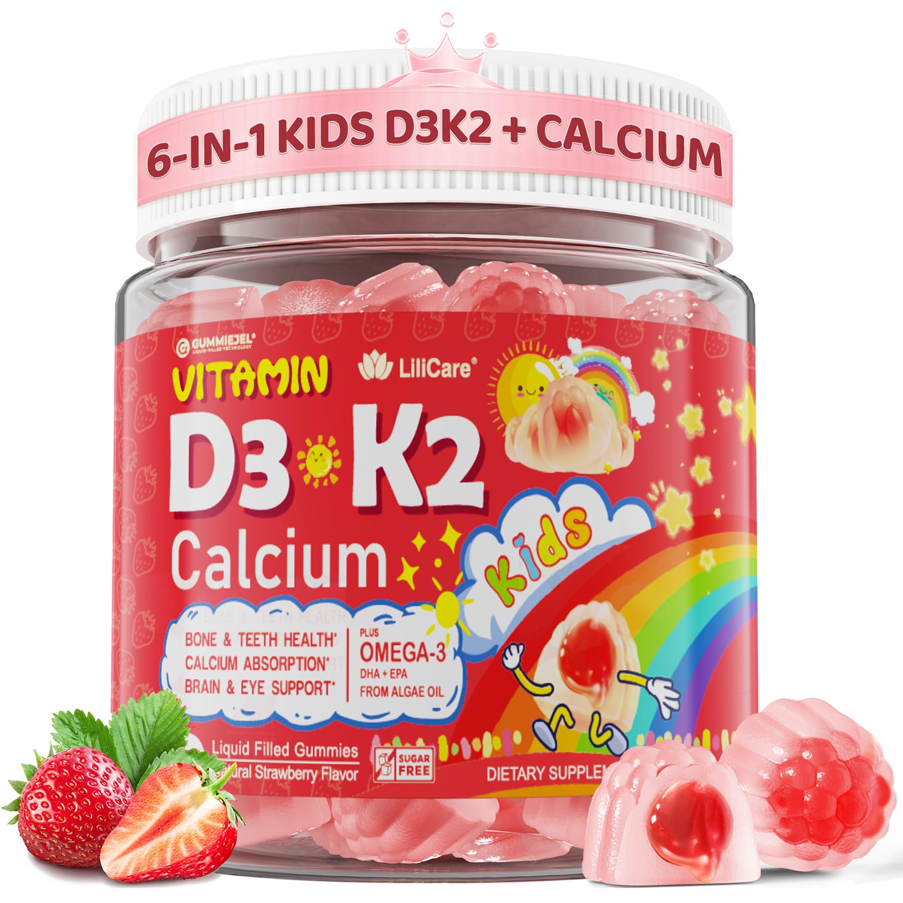 LILICARE D3K2 bottle with gummies, strawberry-flavored, kid-friendly packaging for bone health