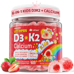 LILICARE D3K2 bottle with gummies, strawberry-flavored, kid-friendly packaging for bone health