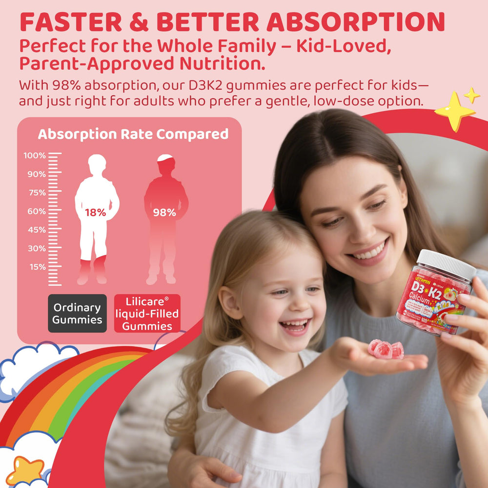 LILICARE D3K2 gummies monk fruit and stevia sweetened for sugar-free choice.