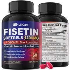 LILICARE Fisetin bottle front shows 1200mg liposomal formula for aging support.
