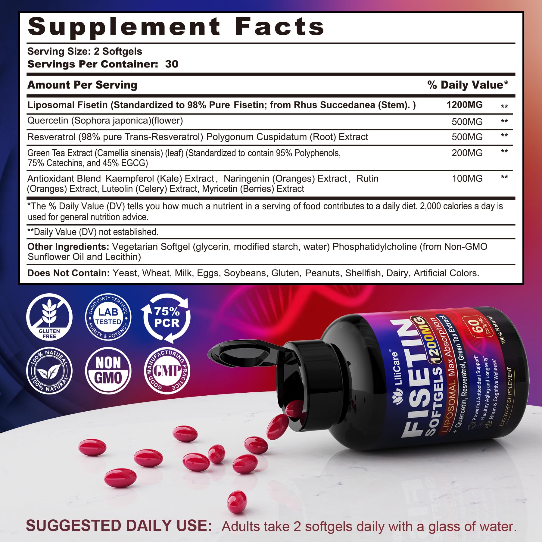 LILICARE Fisetin bottle pour demonstrates easy daily dosing for longevity goals.