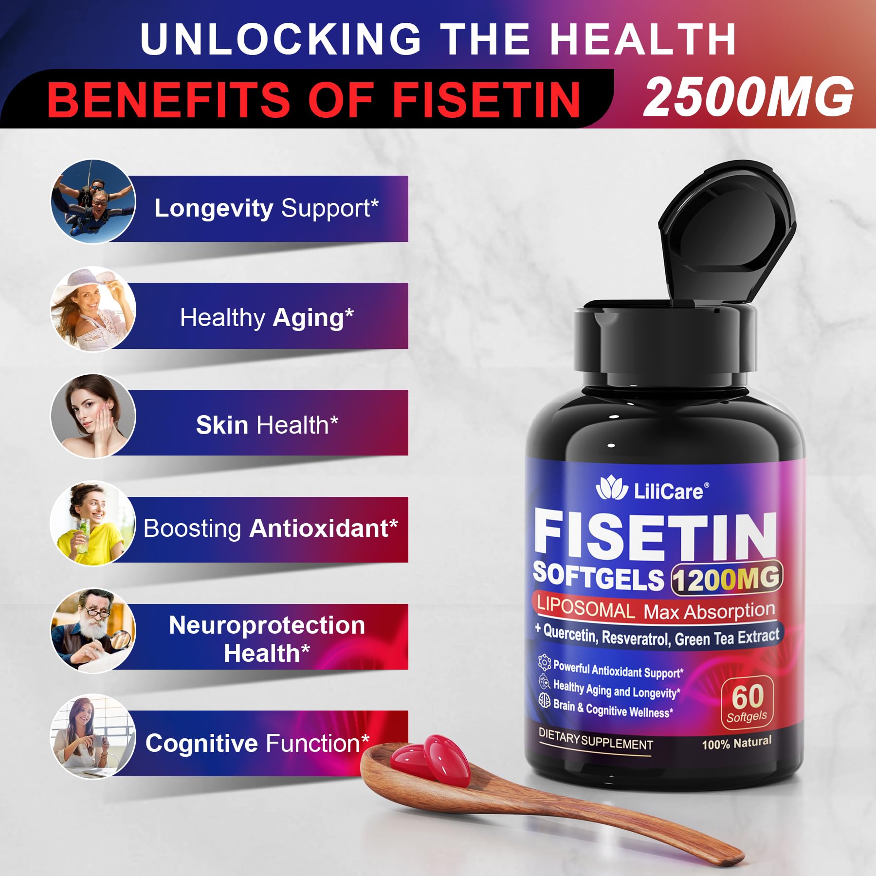 LILICARE Fisetin green tea extract emphasis suggests metabolic and neural support.