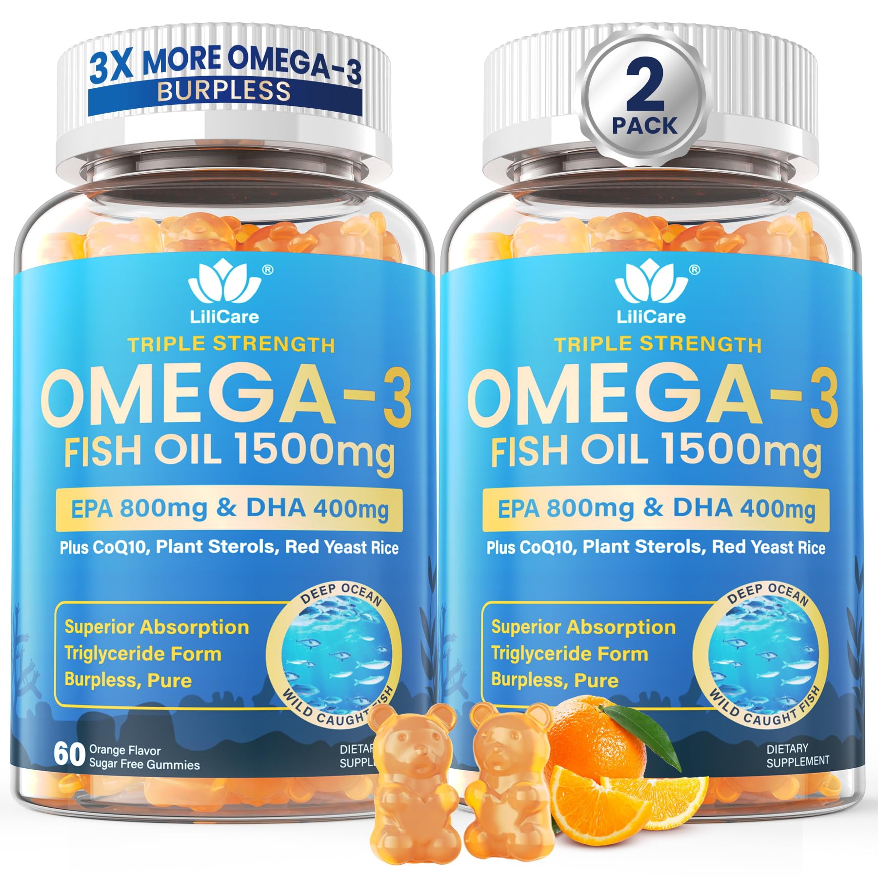 LILICARE Fish Oil Gummies bottle with triple-strength formula for potential heart support.