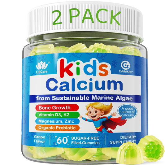 LILICARE Kids Calcium Gummies bottle front with grape flavor and 400 mg calcium per two gummies.
