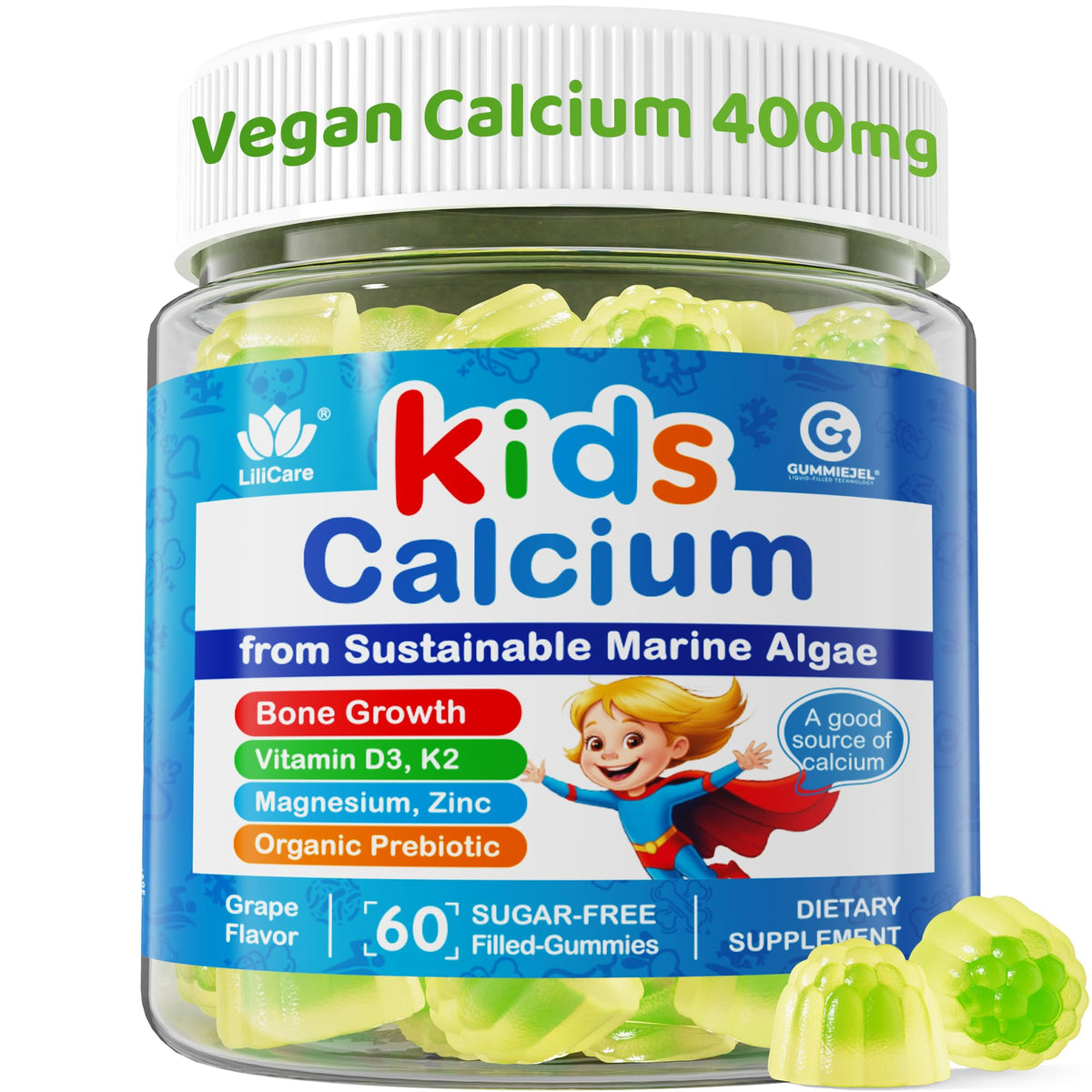 LILICARE Kids Calcium Gummies grape flavor for strong bones and teeth.