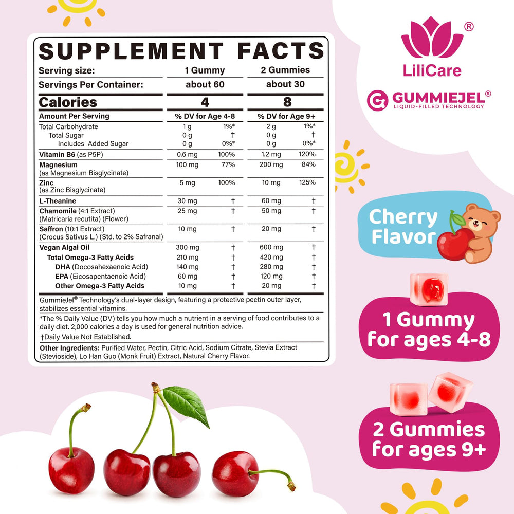 LILICARE Kids Calm gummies closeup highlights chewy texture and kid-friendly form.