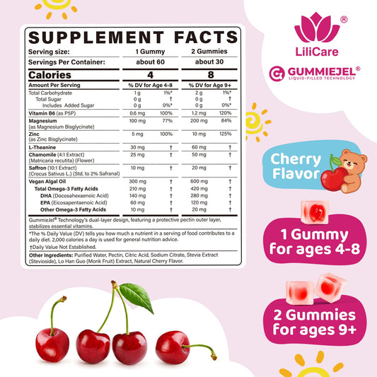 LILICARE Kids Calm gummies closeup highlights chewy texture and kid-friendly form.