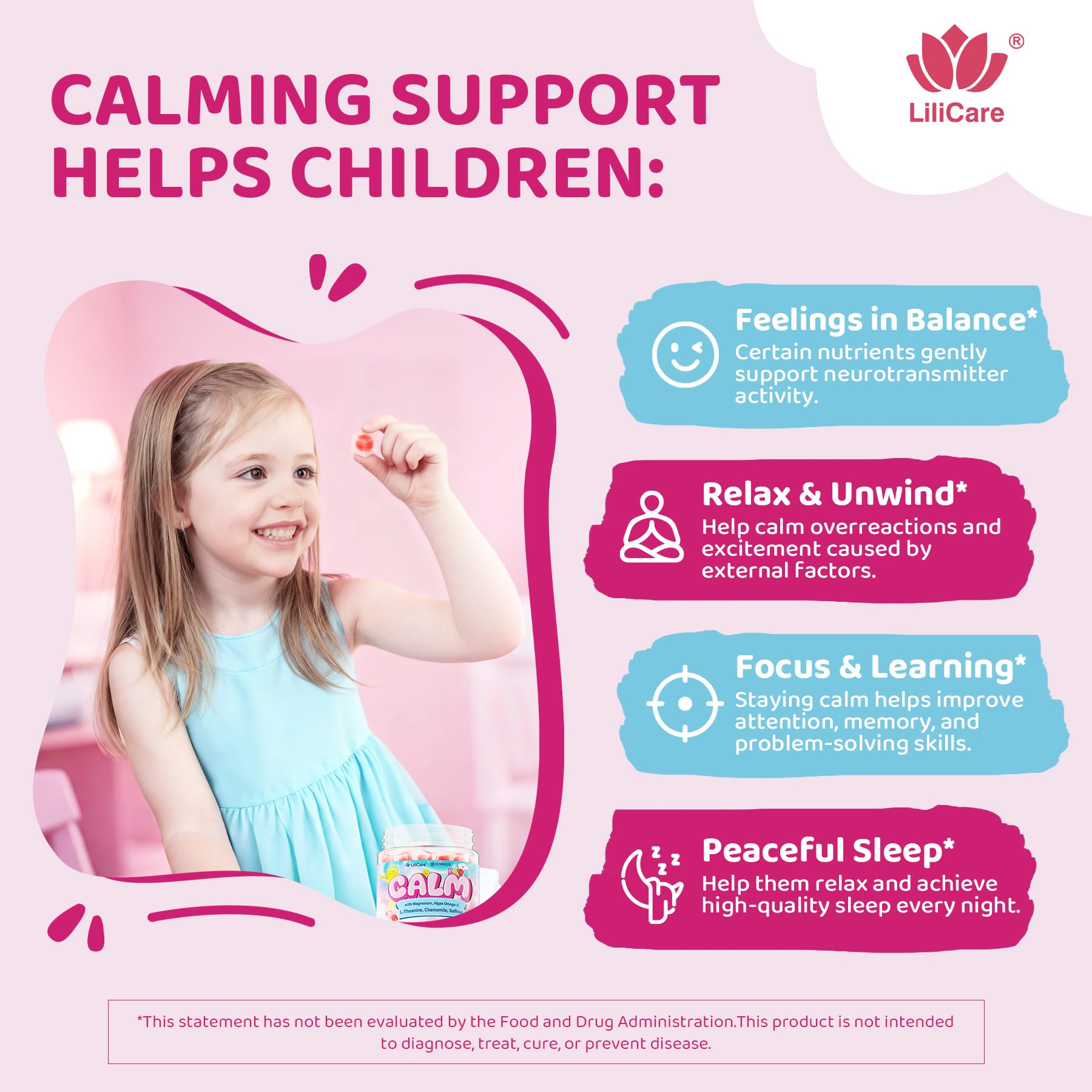 LILICARE Kids Calm label ingredients emphasizes L-theanine, chamomile, saffron for gentle focus.
