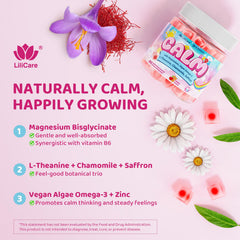 LILICARE Kids Calm L-theanine chamomile saffron image shows gentle soothing aid.