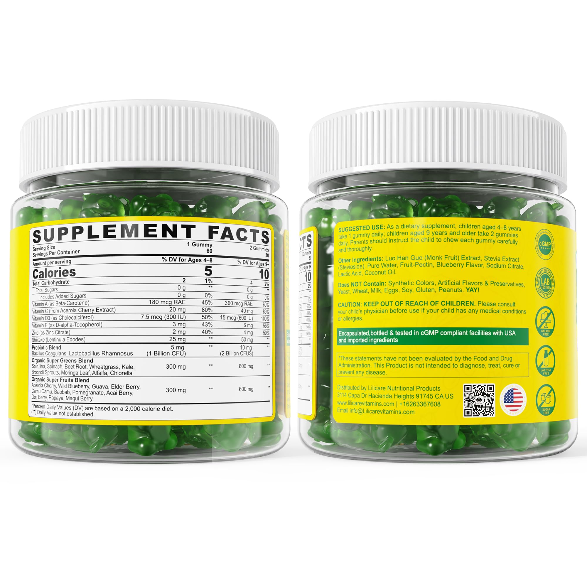 LILICARE gummies-ingredients info close-up with transparent nutrition details.
