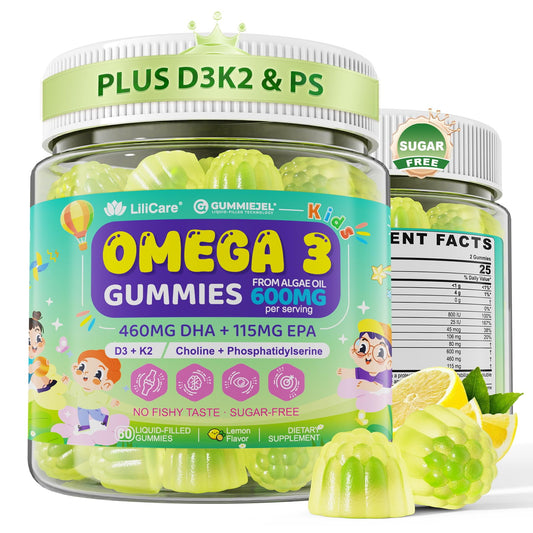 LILICARE Kids Omega-3 gummies in lemon flavor for brain support and healthy development.