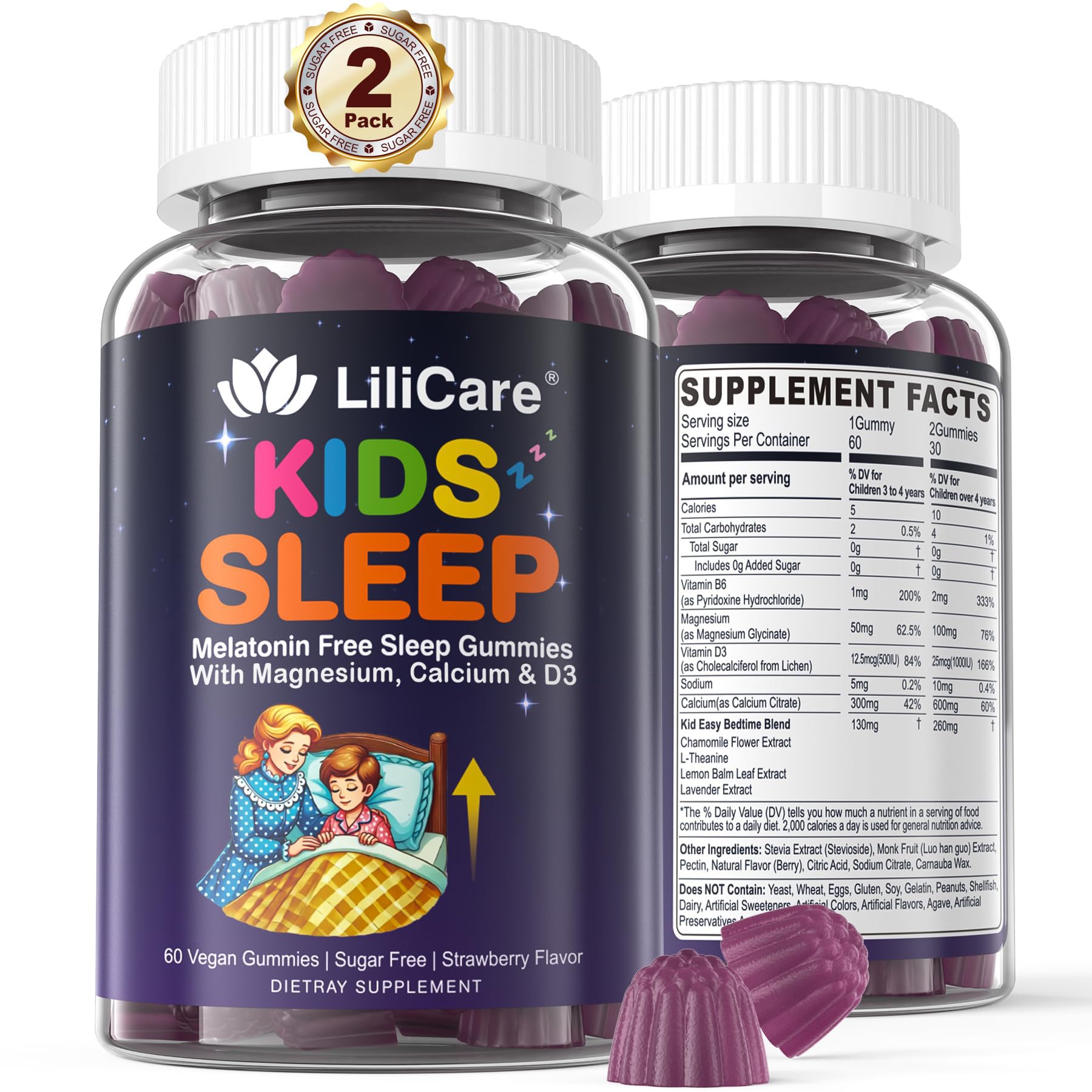 LILICARE Kids Sleep Gummies pack 2 front, melatonin-free calm bedtime option.
