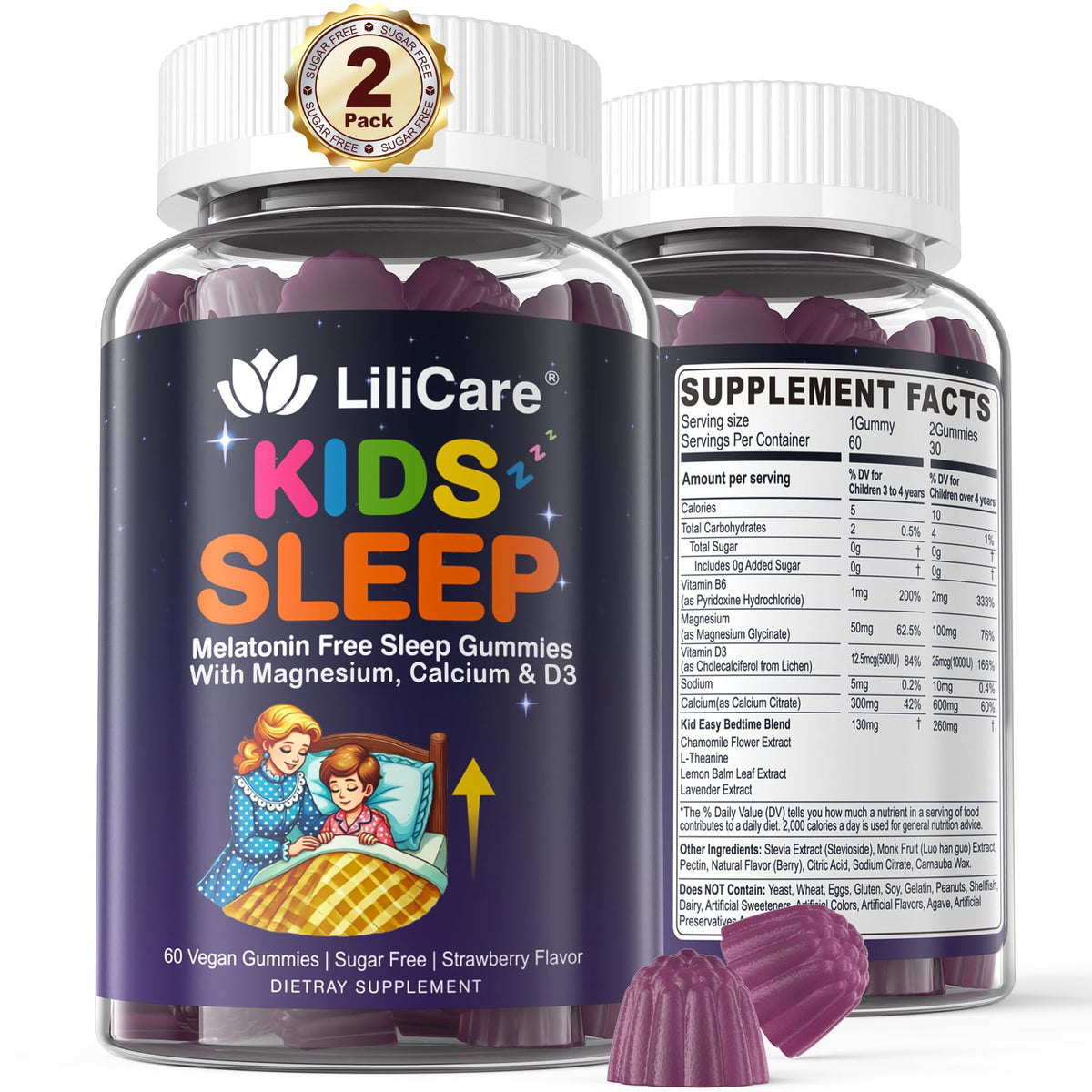 LILICARE Kids Sleep Gummies pack 2 front, melatonin-free calm bedtime option.