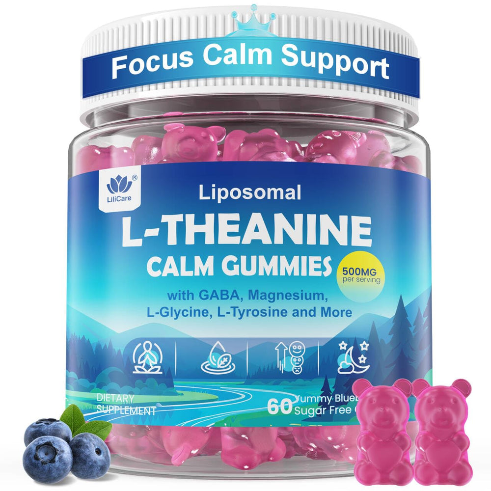 LILICARE L-Theanine Calm Gummies bottle promotes daily calm and focused balance.