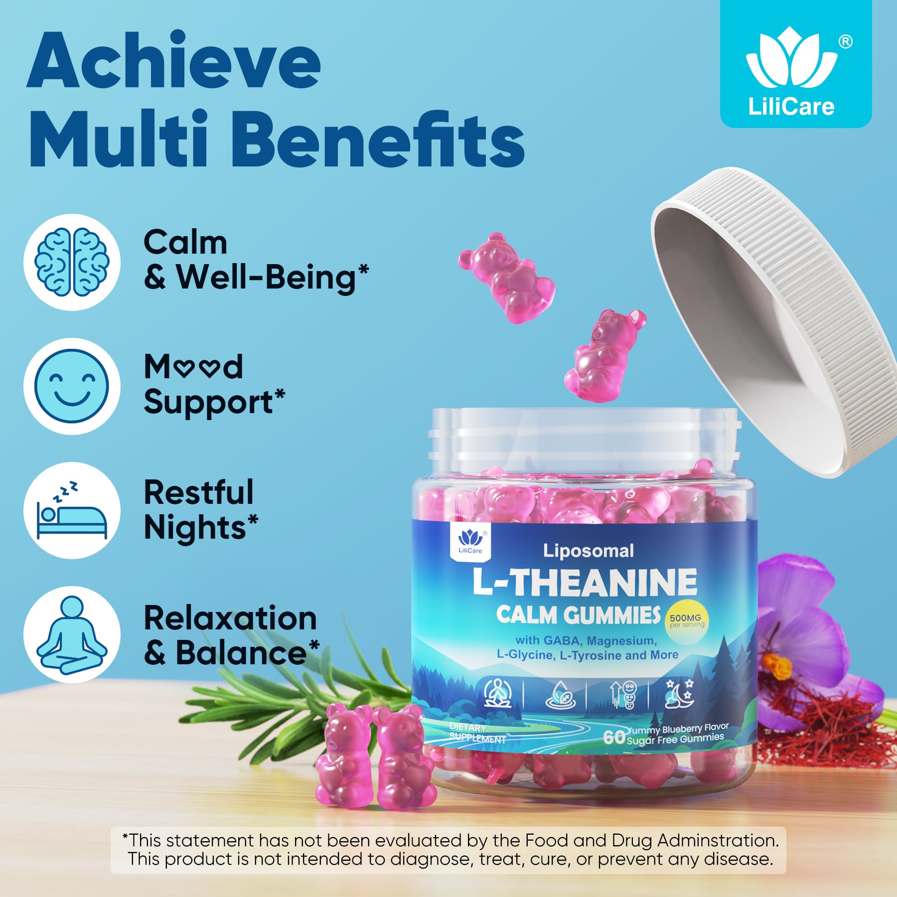 Gummies closeup emphasizing chewable form and sugar-free formula from LILICARE.