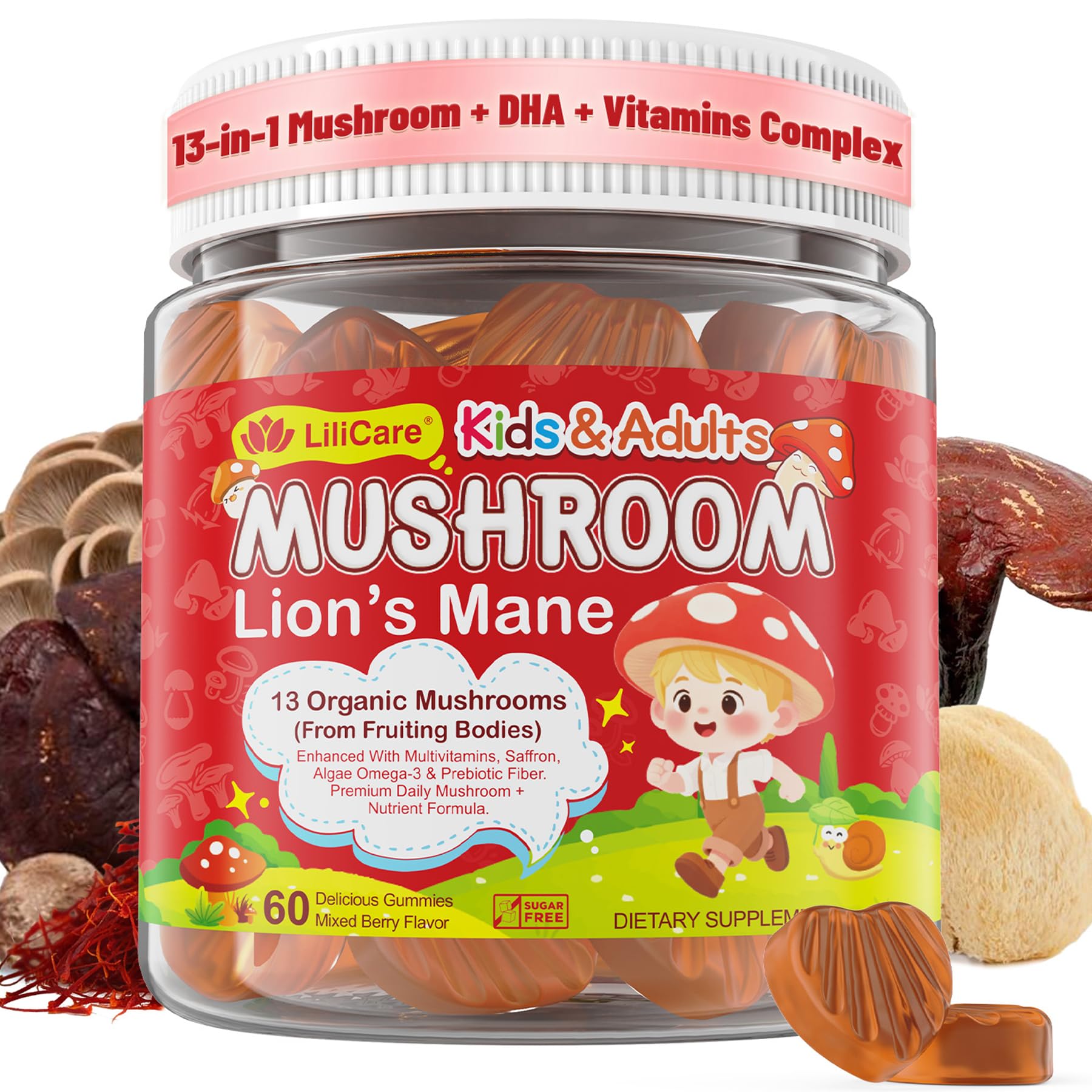 LILICARE Lions Mane and saffron omega-3 gummies bottle emphasizes brain support and focus.