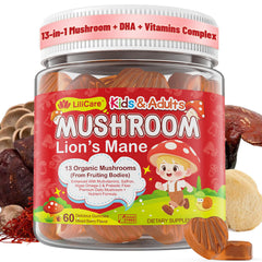 LILICARE Lions Mane and saffron omega-3 gummies bottle emphasizes brain support and focus.