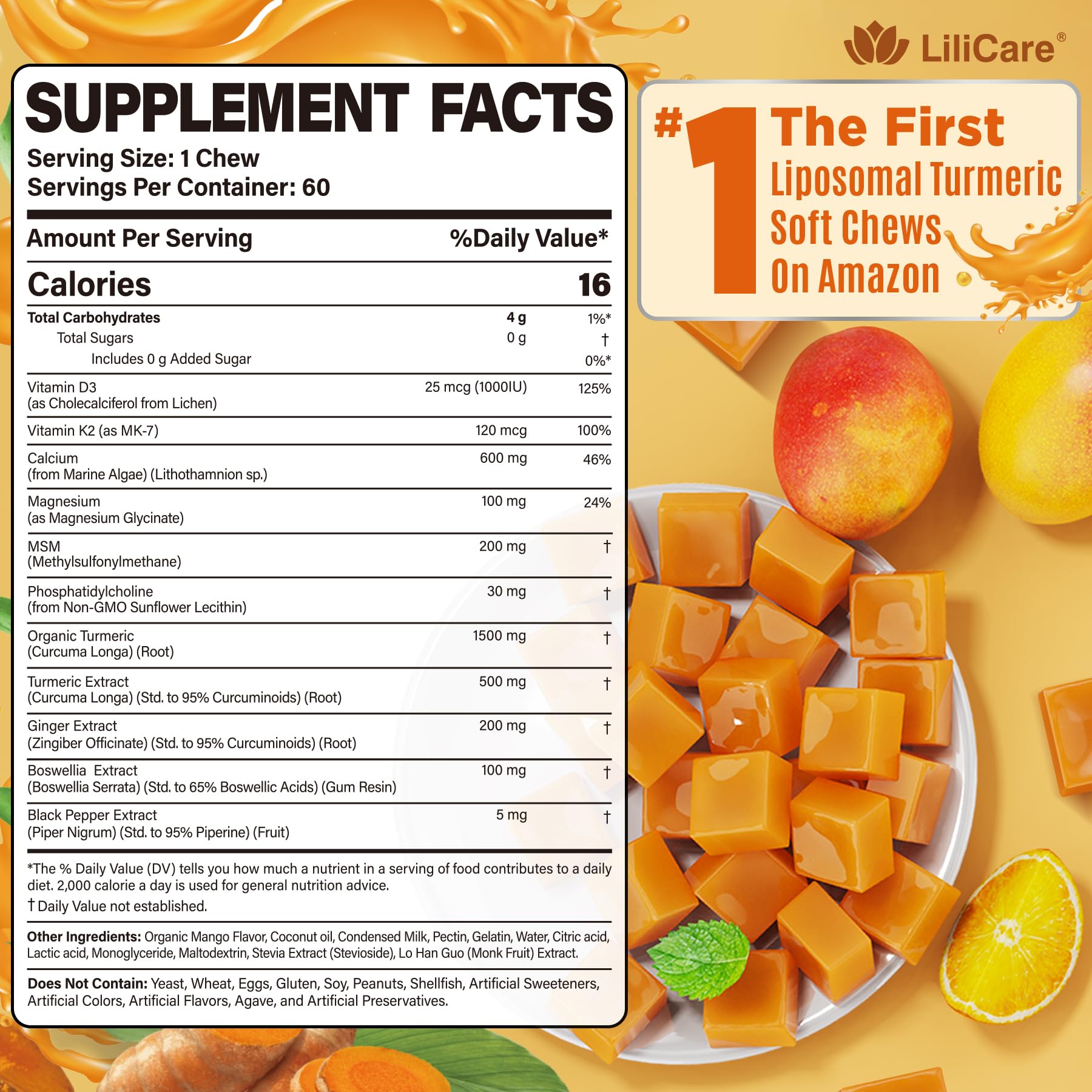 Close-up of LILICARE chews highlighting mango flavor and soft texture