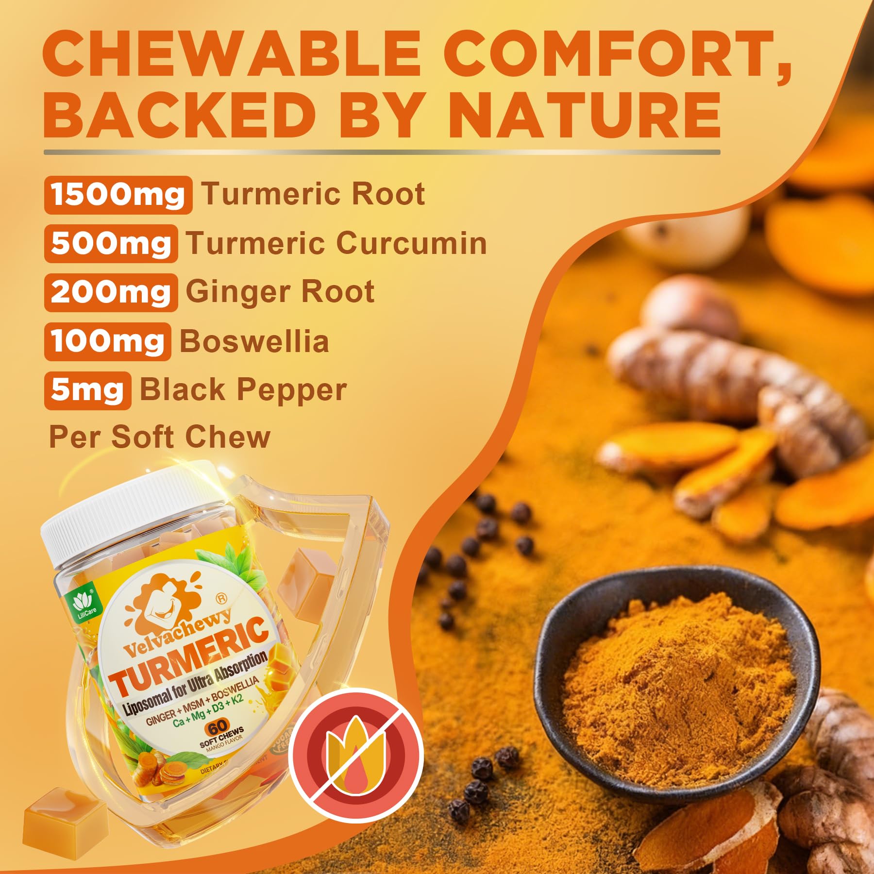 Nutrition label on LILICARE turmeric chews showing D3, K2, and calcium