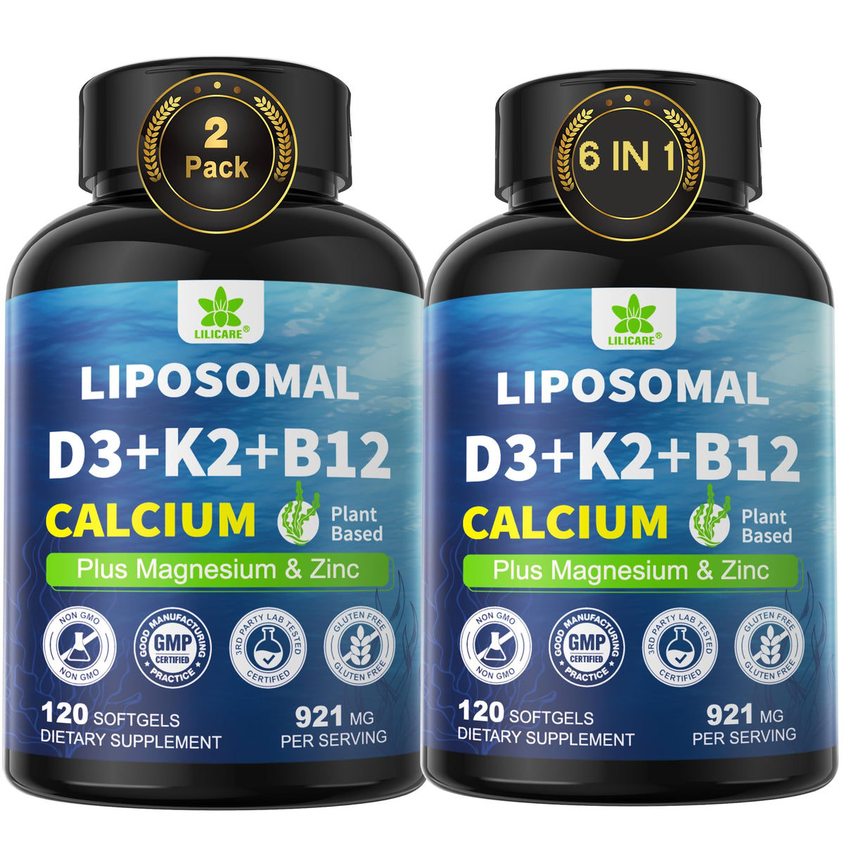 LILICARE liposomal vitamin D3 K2 calcium softgels bottle for enhanced absorption.