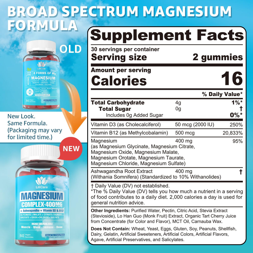 Two LILICARE gummies serving indicating 400 mg magnesium intake