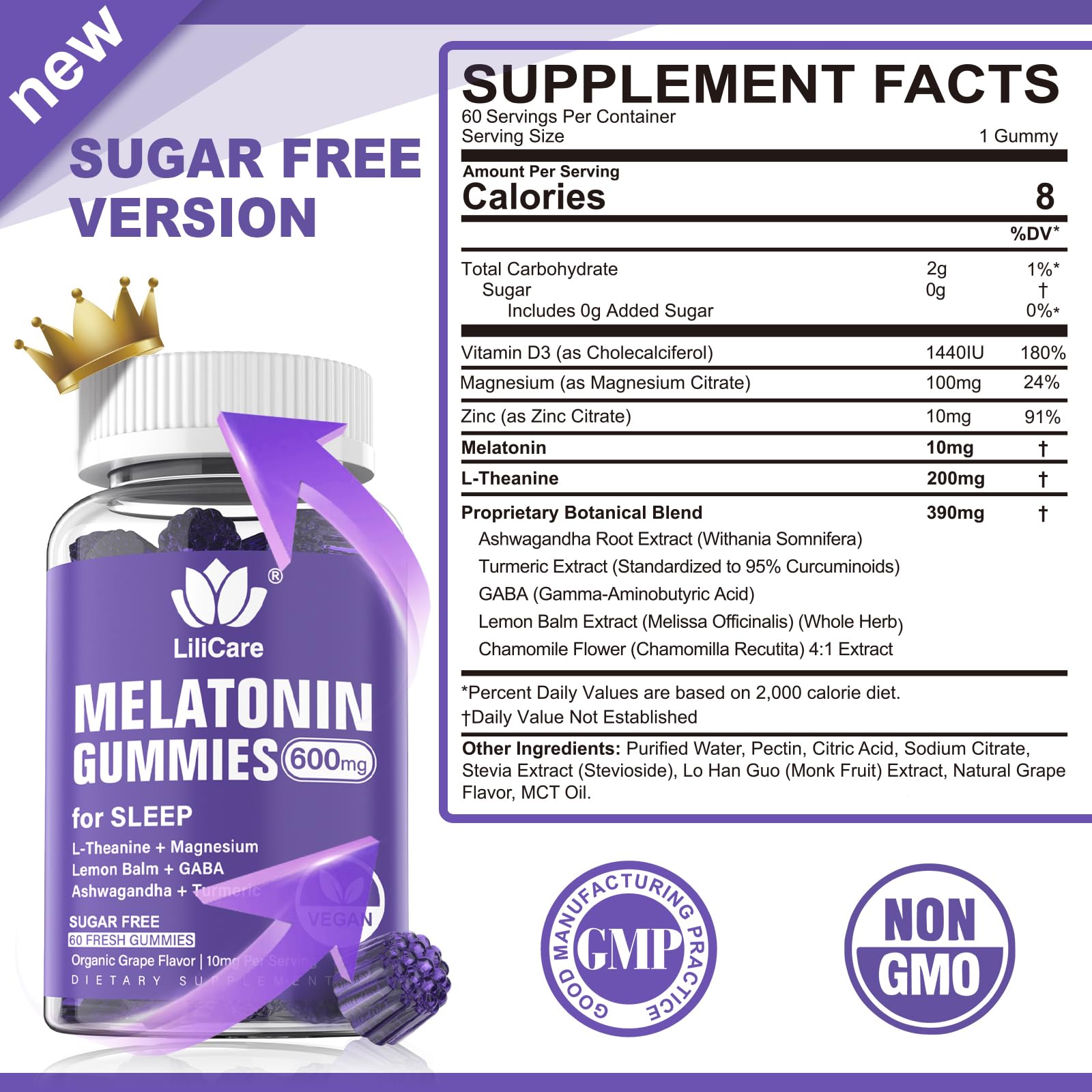 LILICARE Melatonin Gummies bottle side view showing vegan formula
