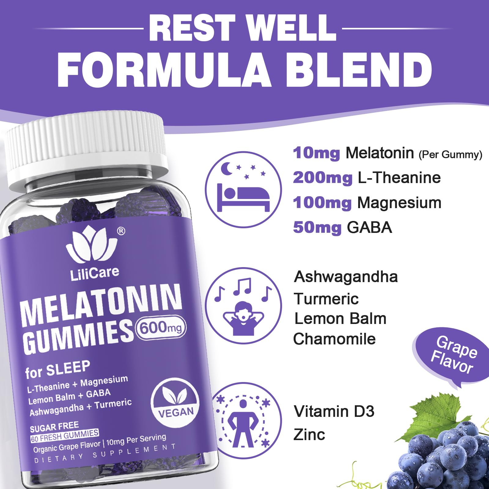 LILICARE Melatonin Gummies nutrition label close-up with 20 mg per serving