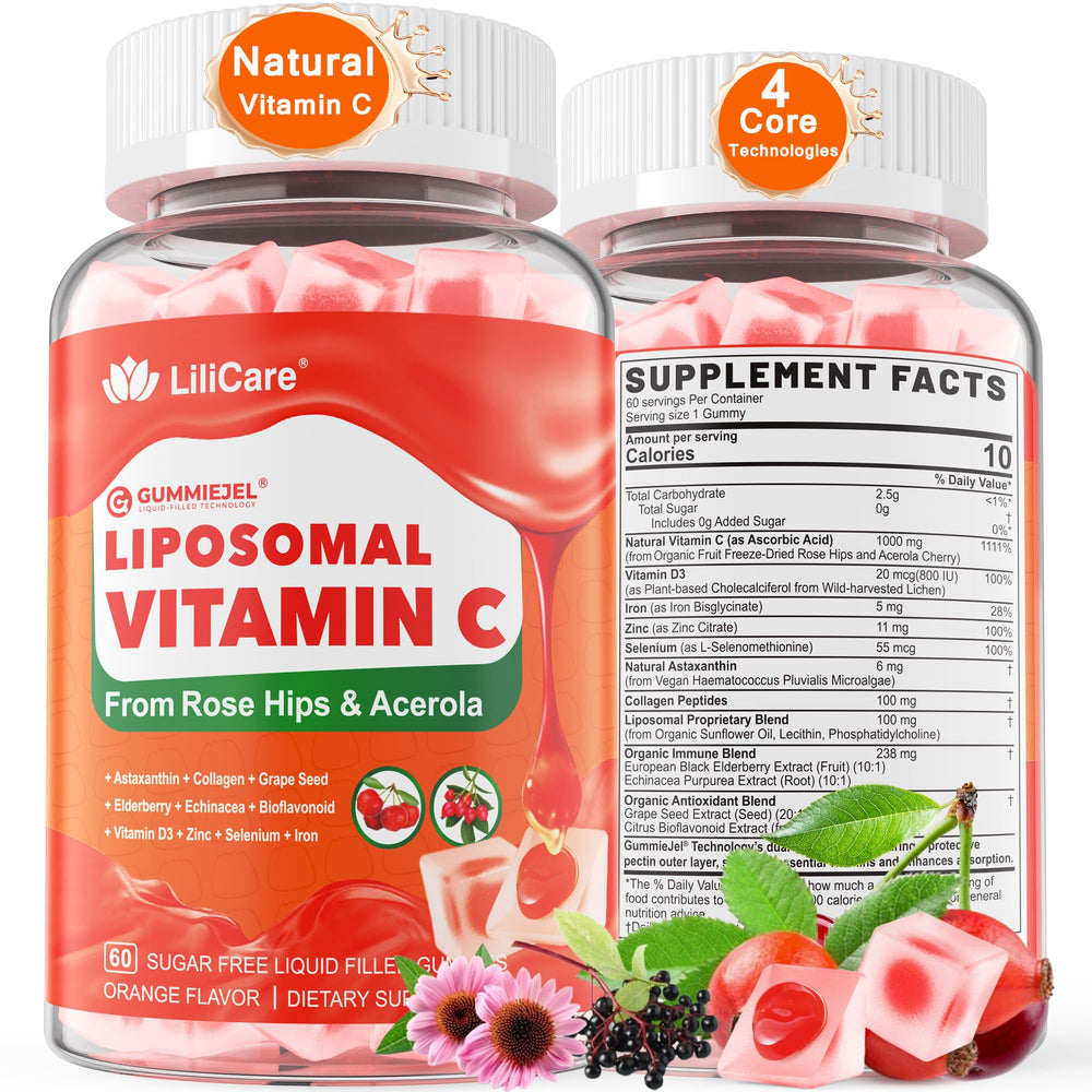 LILICARE natural liposomal vitamin C gummies jar close-up for daily immune-support.