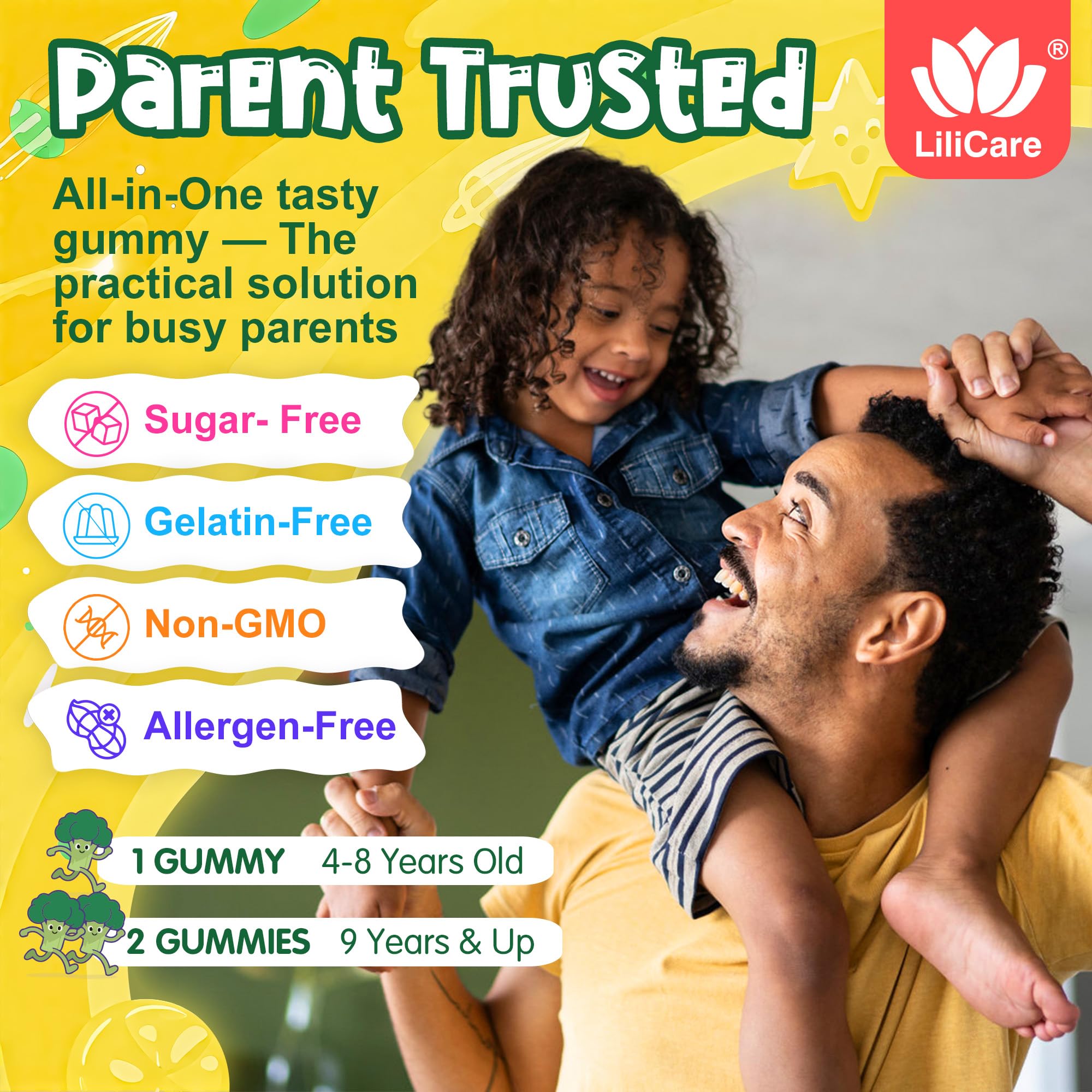 LILICARE non-GMO, gelatin-free, gluten-free allergen-friendly daily vitamin bite.