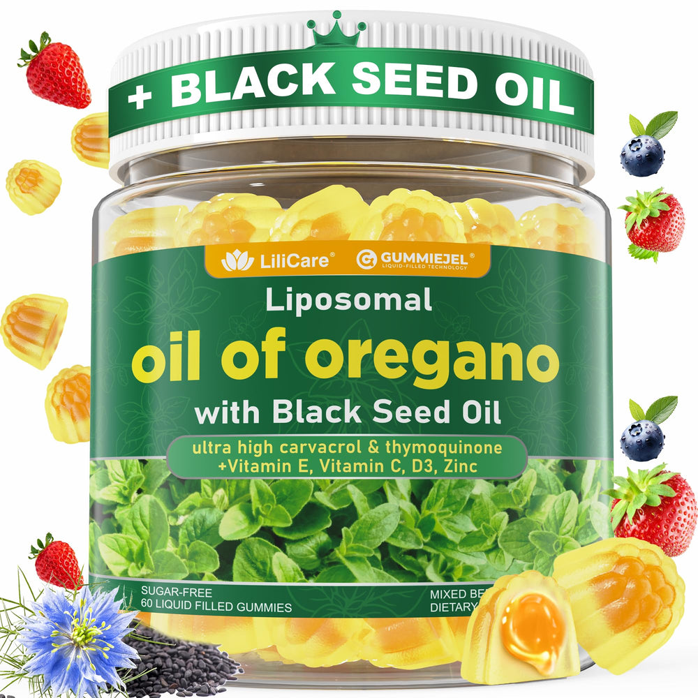 LILICARE oil of oregano with black seed gummies bottle showcasing liposomal formula for better absorption.
