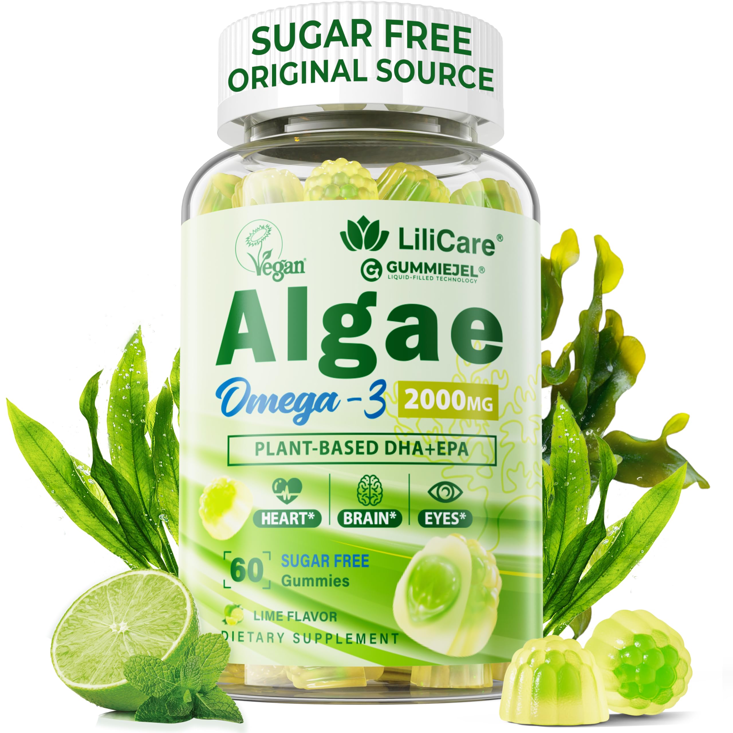 LILICARE Omega-3 gummies bottle, highlighting vegan algae oil and easy daily intake.