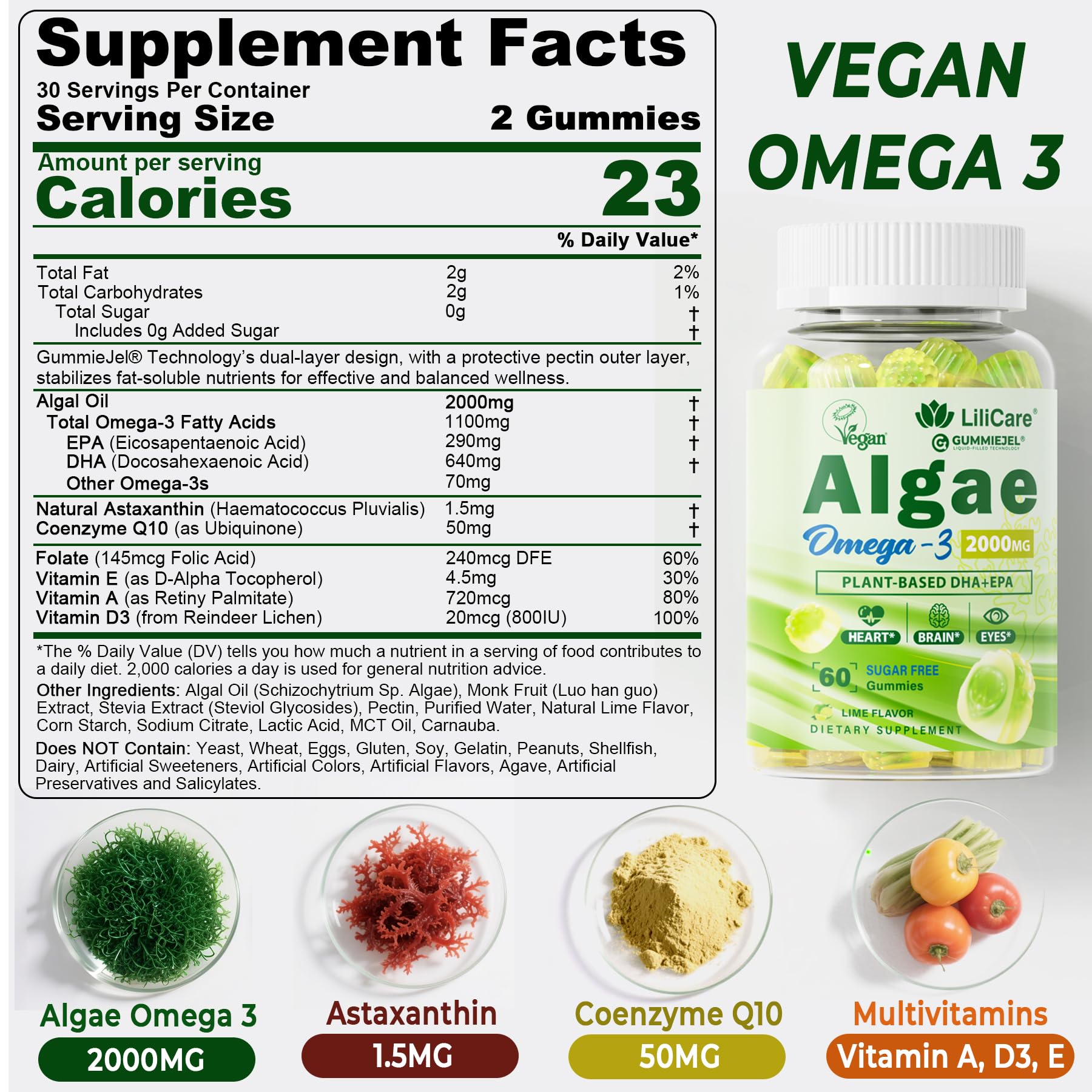 LILICARE Omega-3 gummies DHA-EPA close-up, emphasizing seaweed source and balanced fatty acids.