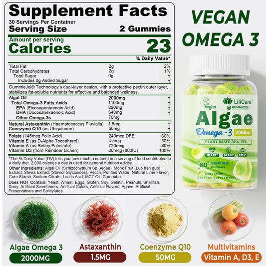 LILICARE Omega-3 gummies DHA-EPA close-up, emphasizing seaweed source and balanced fatty acids.