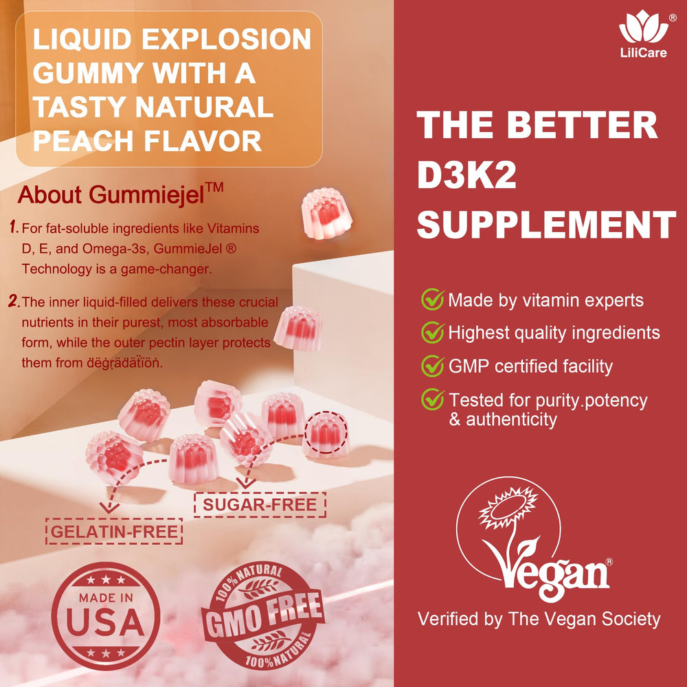 LILICARE peach-flavor outer layer gummy with vegan pectin.