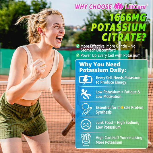 LILICARE bottle highlighting 1666mg potassium content for energy support.