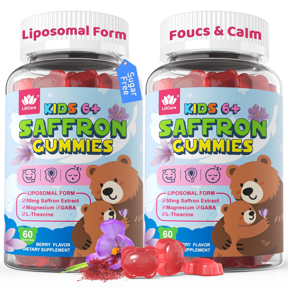 LILICARE Saffron for Kids Gummies bottle showing calm mood support for children.